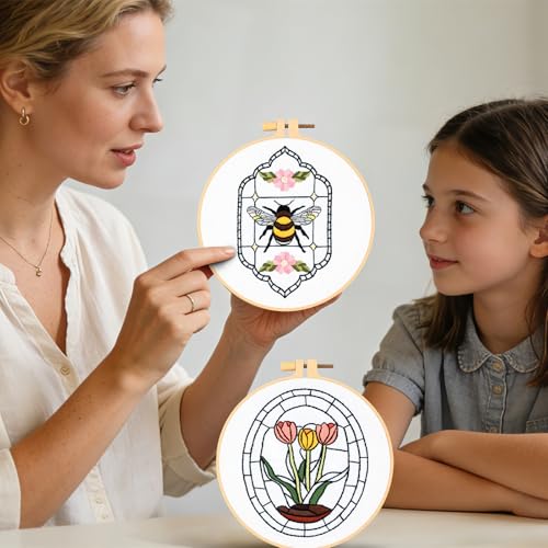 Image of Armindou Flowers Bee Embroidery Kits for Beginners Adults, Floral Hand Embroidery Set Needlepoint DIY Kits, Stamped Cross Stitch Kits for Beginners Adults, 2 Embroidery Hoops (Attached Video Tutorial)