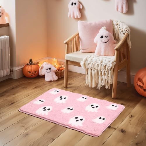 Pink Halloween Bath Mat – Cute Ghost Decor Mat Non-Slip Pink Bathroom Rug Soft Spooky Bath Rug for Shower, Bedroom, Living Room
