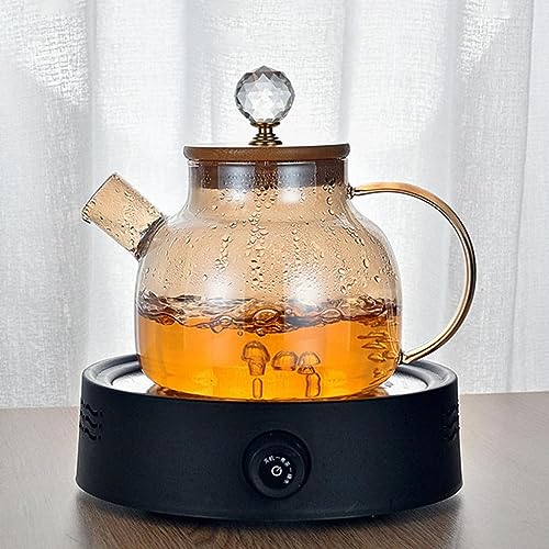 Image of Glass Tea Pot 1000ml with Wooden Lid & Stainless Steel Infuser | Golden Transparent Tea Kettle for Loose Leaf, Green, Herbal & Black Tea | Heat Resistant Teapot