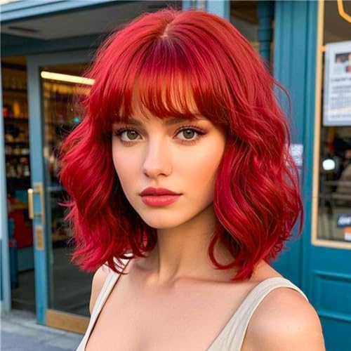 Image of AGO Red Wigs Short Wavy Hair with Bangs Curly Bob Wig Shoulder Length 14Inch Synthetic Hair for Women Girl Colorful Wig Heat Resistant Fiber Hair for Daily Party Halloween Cosplay Use(116A#DarkRed)