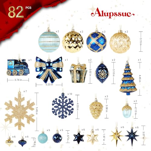 Alupssuc 82pcs Christmas Balls Ornaments, Delightful Classic Gift Set, Shatterproof Plastic Decor for Xmas Tree Holiday Wedding Party Decorations with Hanging Strings, Blue and Gold