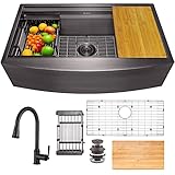AKDY Matte Black Kitchen Sink and Faucet Combo, 33-inch Farmhouse Apron Mount Workstation Single Bowl Stainless Steel Sink 33'x20'x9' with Pull-down Faucet & Sink Accessories