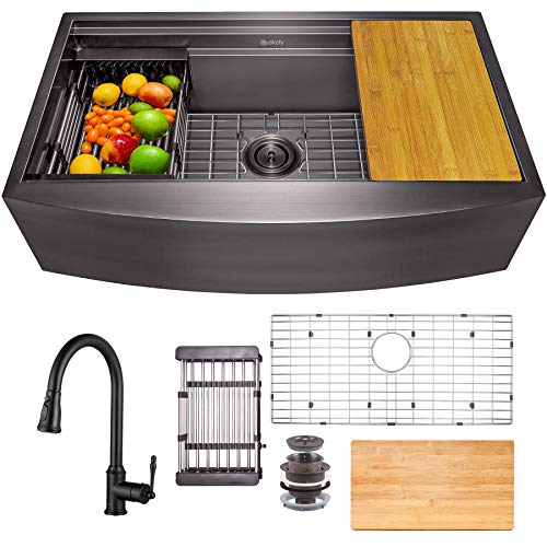 AKDY Matte Black Kitchen Sink and Faucet Combo, 33-inch Farmhouse Apron Mount Workstation Single Bowl Stainless Steel Sink 33\"x20\"x9\" with Pull-down Faucet & Sink Accessories