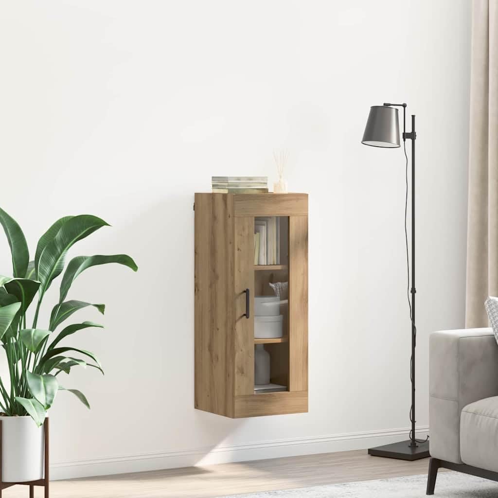 Szafa ścienna dąb Artisan 34,5 x 34 x 90 cm, montowana na ścianie szafka wisząca ze szklanymi drzwiami, materiał drewnopochodny, nowoczesny design do salonu, sypialni, biura, korytarza