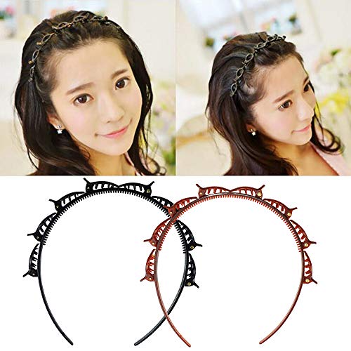 Lnlofen 2Pcs Hollow Woven Headband with Clips, Fashion Braided Headbands Double Layer Twist Plait Headband Hair Tools, Double Bangs Hairstyle Hairpin for Women Girls (Brown & Black)
