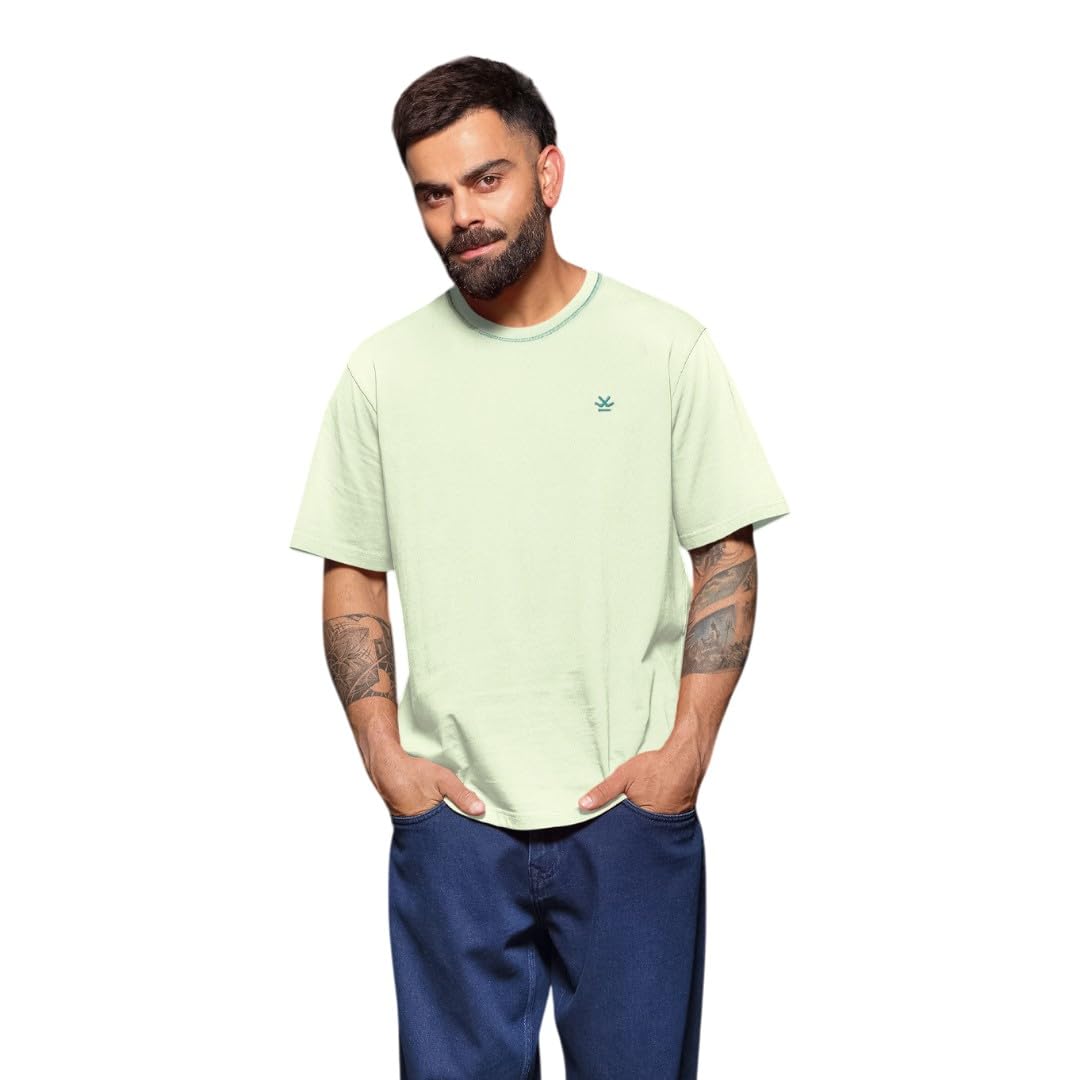WROGN Men's 240 GSM Cotton Micro Waffle T-Shirt | Tonal Embroidered Logo | Oversized Fit in neutral