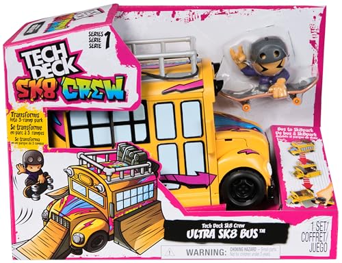 Tech Deck - Playset Camion Sk8 Crew - Bus Transformable avec 1 Finger Skate + 1 Figurine Amovible À Clipser sur La Planche pour Rider - Mini Skate Doigt - Jouet Enfant - Jeu Enfant 5 Ans Et +