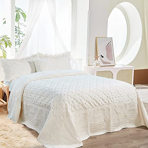 Home Soft Things Oversized King 4 Piece Faux Fur Quilted Tatami Bedspread Bedding Set, Soft Plush Warm Breathable Durable Quilt Coverlet Set With Matching Shams Pillows, 120" X 120", Antique White #TOP1