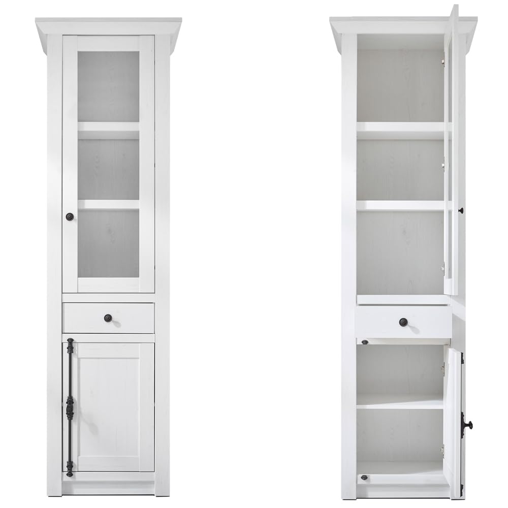 Lomadox Wohnzimmer Wohnwand Set inkl. Couchtisch Landhaus-Stil Pinie weiß Nb.Stellmaß Vitrine ca. 63 cm