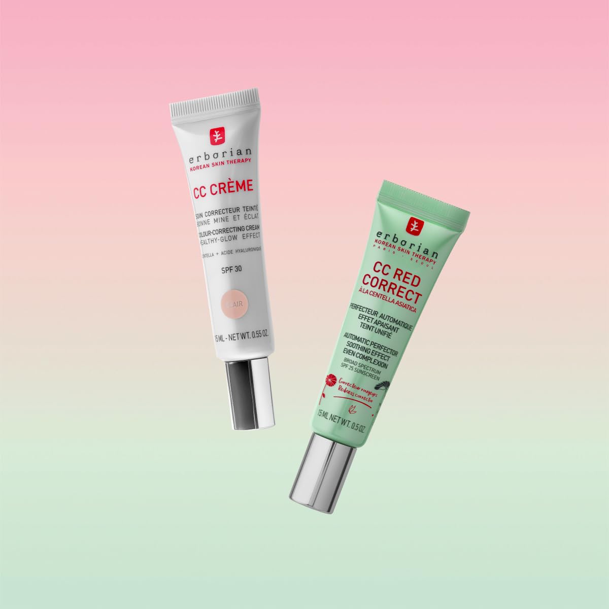 Erborian - Set mit 2 Produkten: 1 CC Cream mit Centella Asiatica - 15 ml - Clair + 1 CC Red Correct mit Centella Asiatica - 15 ml - Koreanische Kosmetik