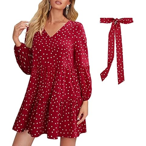 Enmain Women Polka Dot V Neck Burgundy Swing Dress Casual Tunic Shift V Neck Long Sleeve Loose Dress Pockets Mini Lady Party Leisure Dresses with Belt Cover