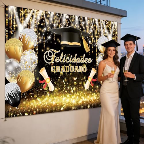 AIBIIN fondo graduación 7x5ft negro y dorado miniatura 4