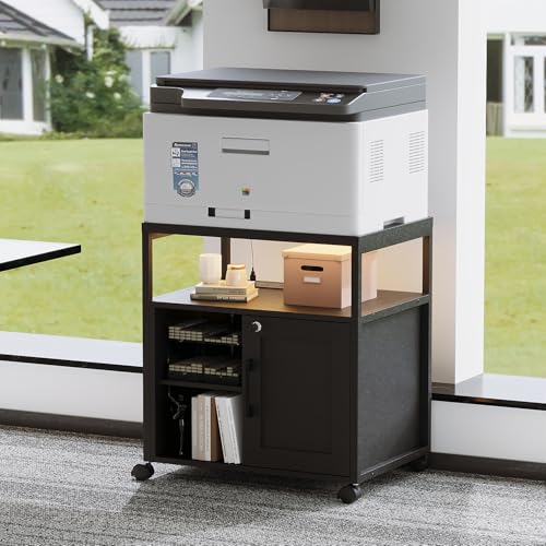 Großer Druckerschrank mit LED-Beleuchtung, Aktenschrank, Mehrzweckschrank, Büroschrank mit 1 Tür und 4 Rädern, Schrank, Für Firma Büro Aufbewahrungsschrank, 43.5 x 60 x 65 cm