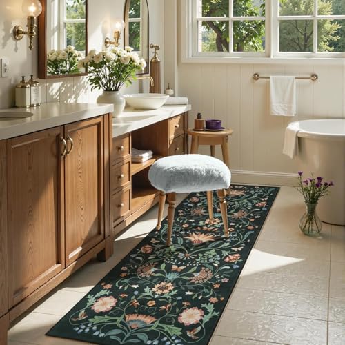 Image of Rugcomf Runner Rug for Hallways Kitchen Rug Non Slip 22 * 45 cm Washable Rugs with Rubber Backing Soft Floral Carpet Runner for Hallways, Kitchen, Laundry, Bedroom, Bathroom(Green)