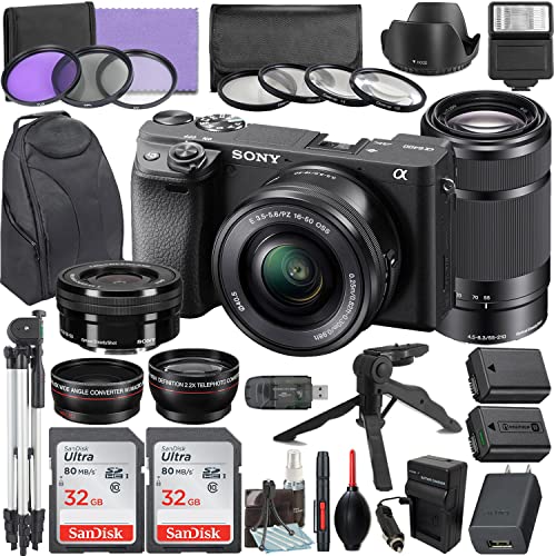 Camera Bundle for Sony a6400 Mirrorless Camera Black with E PZ 16-50mm f/3.5-5.6 OSS and E 55-210mm f/4.5-6.3 OSS Lens + Accessories Kit (64GB, Extra Battery, Tripod, and More)