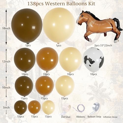 Image of 138Pcs Western Balloon Arch Garland Kit with Brown Cowboy Horse Balloons, Perfect for Boy First Rodeo, Wild West Country Birthday Decorations, And Farm Fiesta Party Decorations