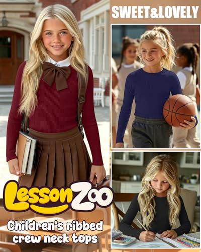 Image of 4 Pack Girls Long Sleeve Shirts Ribbed Knit Cotton Crewneck Tops Slim Fit Soft Casual Kids Base Layer Undershirts