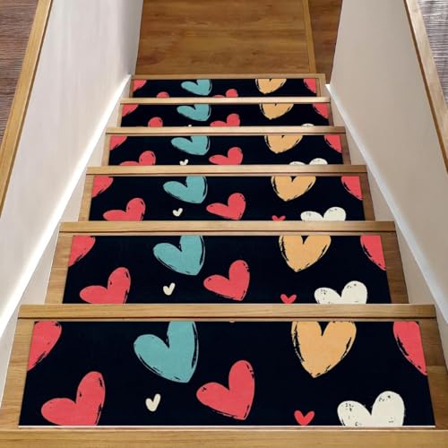 Tapis d'escalier antidérapants lot de 15 marches motifs cœurs 20x76 cm