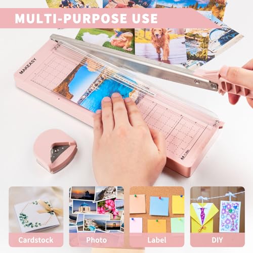 Image of MAKEASY Paper Cutter 12 Inch, Guillotine Paper Cutter with 8 Sheet Capacity, Heavy Duty Paper Cutter for Cardstock, Paper Trimmer for Crafting, Classroom and Office, Pink