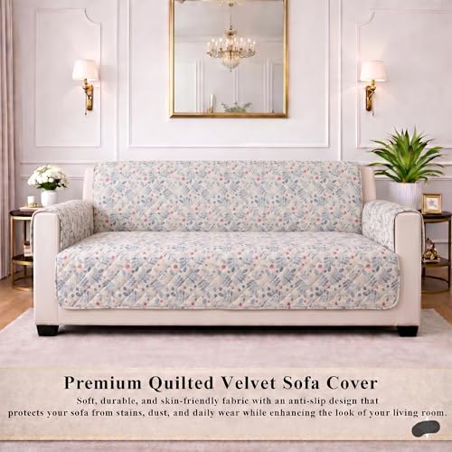 Image of STITCHNEST 'CloudFeel Series' Quilted Printed Velvet Sofa Cover for 1 Seater | Premium Soft Velvet Sofa Protector | Blue Floral Leaf Print Design with Armrest Pockets | Furniture Cover