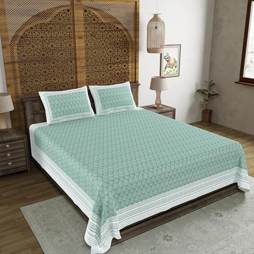 Image of BLOCKS OF INDIA Hand Block Printed 200 TC Cotton Super King Size Bedsheet (Green DOT)
