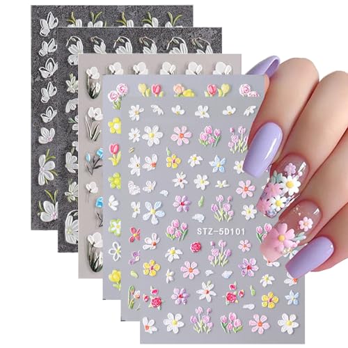EUZUXU 6 Hojas Pegatinas para Uñas Flores 5D Autoadesiva Nail Art Stickers Decoración, Flores Margaritas en Relieve Decoración Uñas Mujer Manicura Nail Stickers Art