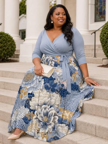 Image of SUZONANA Plus Size Maxi Dresses for Curcy Women Casual Loose 3 /4 Sleeve Long Dress with Belt