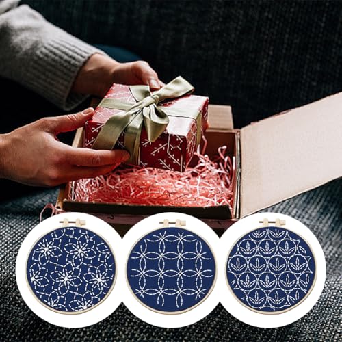 Image of FREEBLOSS 3 Set Sashiko Kit Sashiko Embroidery Kit Beginner Embroidery Kit Includes Embroidery Thread, Needles, Fabric and Hoop Embroidery Kits to Learn for Adults Wall Hanging Decor for Home