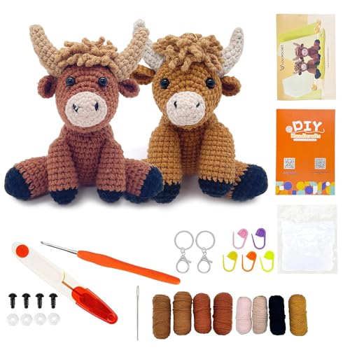KBIBCK Häkelset für Anfänger, Häkelset Tiere, 2 Stück Hochlandrind Strickset für Erwachsene Kinder, Crochet Set mit Video Anleitung Häkelnadel Garn DIY Häkel Zubehör Bastelset
