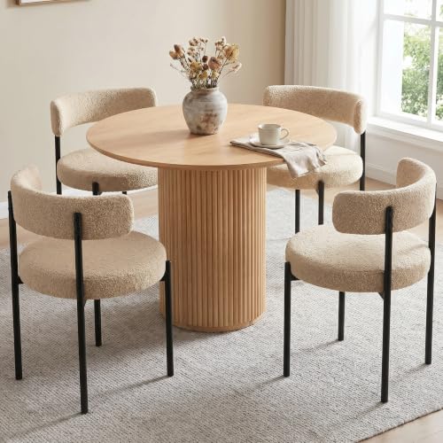 Boucle Dining Chairs Set of 4 Beige Dining Chairs with Upholstered Seat and Round Back Mid-Century Modern Kitchen Chairs for Dining Room Restaurant