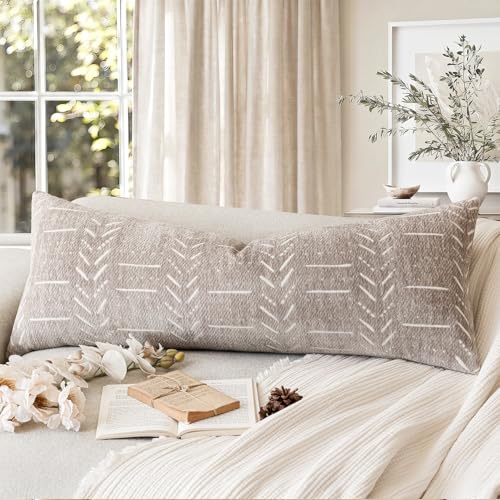 Image of Foindtower Set of 1 Decorative Chenille Jacquard Throw Pillow Cover Textured Farmhouse Body Cushion Covers Neutral Boho Accent Home Decor for Sofa Chair Couch Bed Living Room,14x36 Inch,Light Taupe