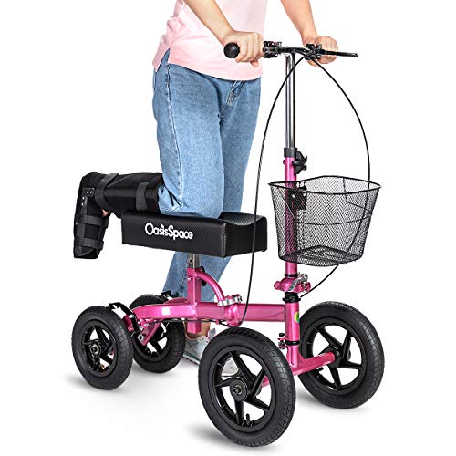 OasisSpace All Terrain Knee Scooter - with 12 Inches Air Filled Wheels, Steerable Knee Walker Heavy Duty Crutches for Foot Injuries Ankles Surgery (Blue) (Pink)