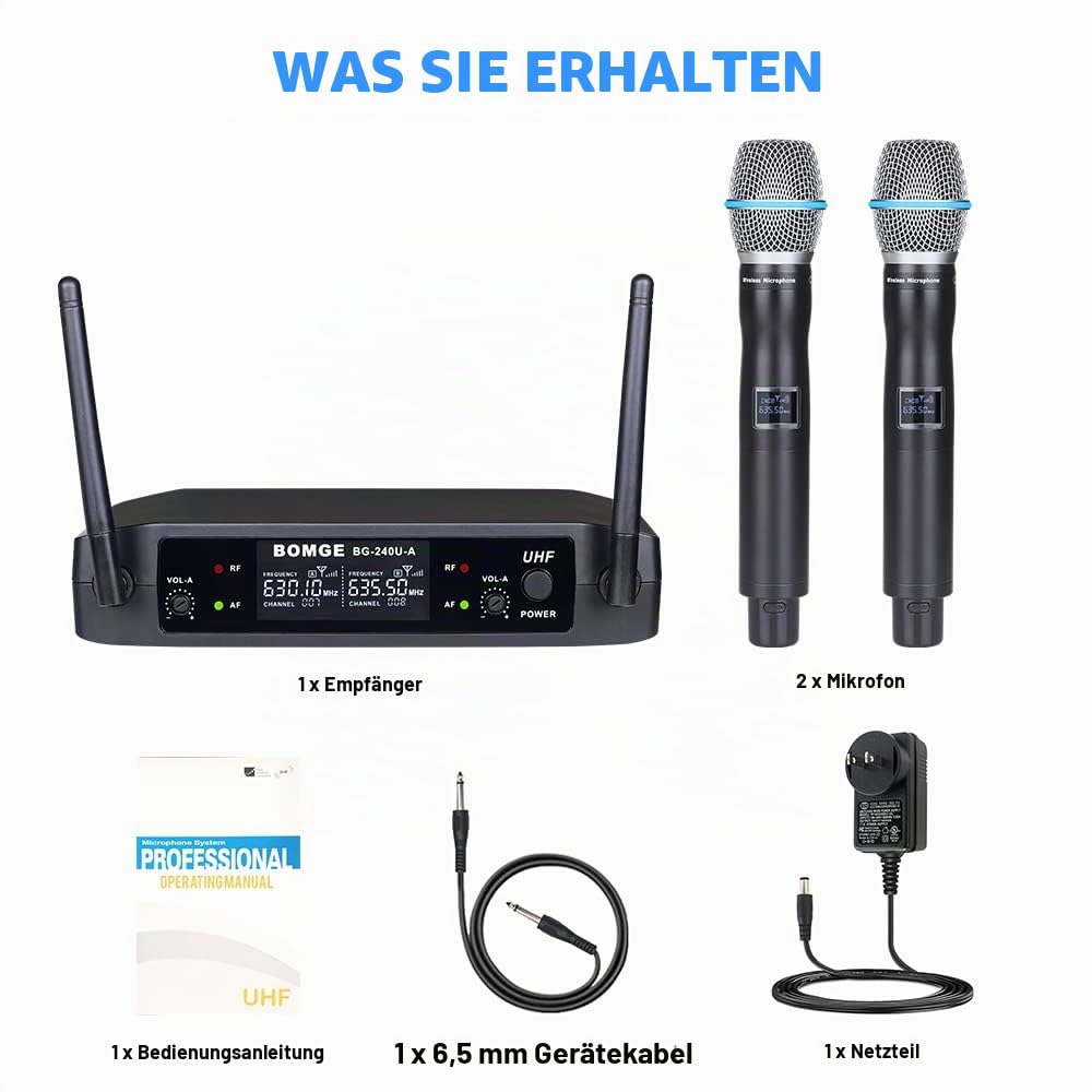 BOMGE UHF Metall Dual Handheld Wireless Mikrofone & Systeme für Karaoke, Gesang, Meeting, Party, Kirche, DJ, Hochzeit, 240U