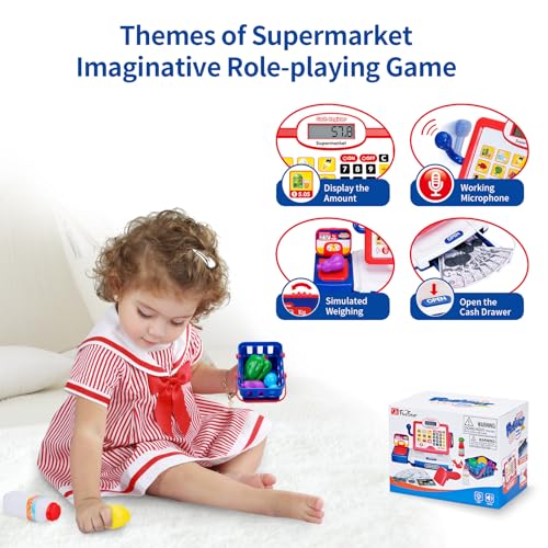 Image of FS Toy Cash Register for Kids with Scanner, Shopping Basket, Pretend Play Toys for Toddler 3-5-7 Years Old Boys and Girls Preschool Learning Activities, 57 Pieces Play Set