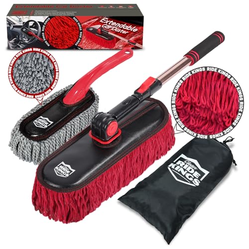 Image of Exterior Car Duster & Brush Kit - Loop End, Red Brush | Telescoping wax cotton auto mop traps pollen scratch-free. Combo with inside detailing tools & bag. Ideal gift for SUV, RV.