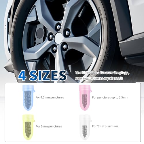 Image of 4 Size 60PCS Heavy Duty Tire Plugs Kit with Screwdriver,Deep Threads Screw in Tire Plugs for Quick Puncture Repair,Professional Tires Repair Rubber Nail Kit for Car,Truck,SUV (4 Size 60PCS)