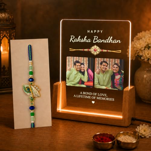 Image of Giftplease Personalized Raksha Bandhan LED Acrylic Photo Frame with Rakhi, Roli Chawal, Greeting Card, Wooden USB Night Lamp, Brother Sister Keepsake, Festival Decoration, Memory Display, Home Decor