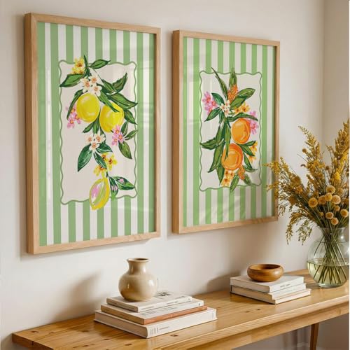 Suneree Botanical Fruit Wall Art Set of 2 Framed Paintings | Lemon Orange Illustration Green Striped Poster | Kitchen Dining Room Home Décor (Art 1, 13x19 Inches)