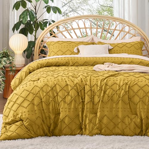 Image of Bedsure King Comforter Set - Mustard Yellow Comforter, Boho Tufted Distressed Vintage Bedding for Kids, 3 Pieces Farmhouse-Style Bed Set for All Seasons, Fluffy Soft Bedding with 2 Pillow Shams