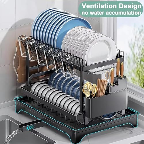 Image of 2 Tier Dish Drying Rack for Kitchen Counter with Drain Board, Swivel Drainage Spout & Cup Holder - Rust Resistant Metal Dish Drainer with Utensil Holder, Cutting Board Stand for Plates Bowls Cups
