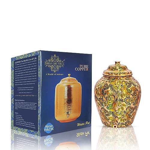 Image of Indian Art Villa Printed Design Copper Water Dispenser Pot Matka, Stoarage, Home Garden, 6 LTR, Light Brown