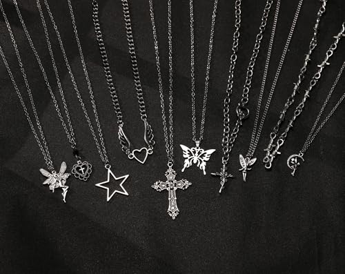 10 Pcs Gothic Necklace Set for Women, Halloween Silver Necklace Set Vintage Cross Goth Accessories Jewelry, Cross Fairy Thorns Y2k Angel Heart Feather Star Butterfly Pendant Necklaces3