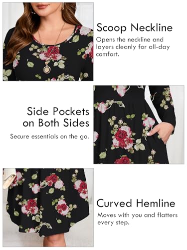 Image of AusLook Women's Plus Size Long Sleeve Midi Dress Casual Empire Waist Loose Flowy Dresses A-Line Boho Long Dress with Pockets