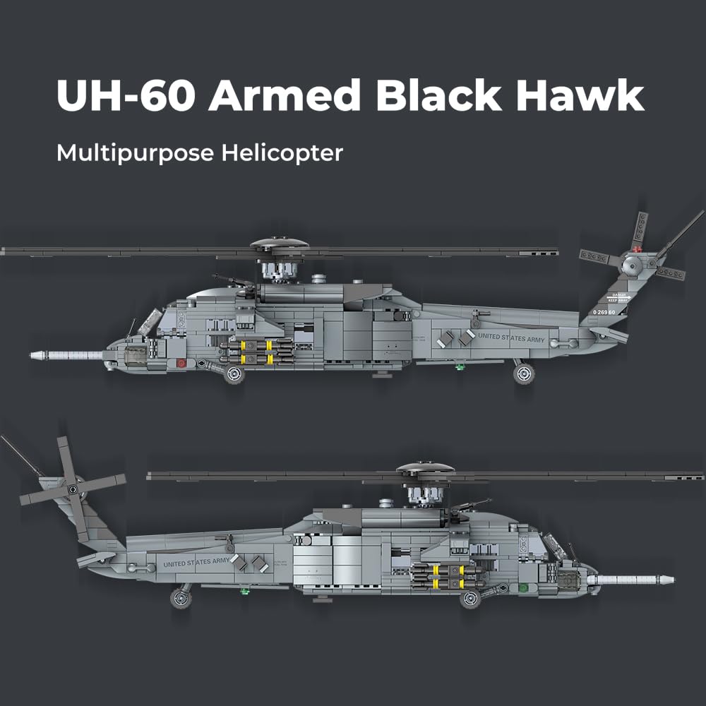 MISINI M8039 UH-60 Bewaffneter Black Hawk Hubschrauber Klemmbausteine Technik, 1377 Teile Militärserie Armee Spezialeinheiten Flugzeug, Mehrzweck- und Kampfhubschrauber Geschenk für erwachsene Sammler