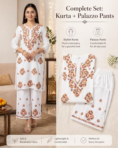 Image of Floral Embroidered Women Kurta Pant Set Straight Fit Cotton Blend Kurti with Palazzo Bottom Ethnic Wear for Office, Festive, Casual and Everyday Comfort