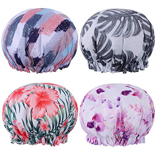 4 Pcs Shower Caps for Women and Girl, Long Thick Hair Cover, Waterproof Bath Hat, Double Layer Bonnet