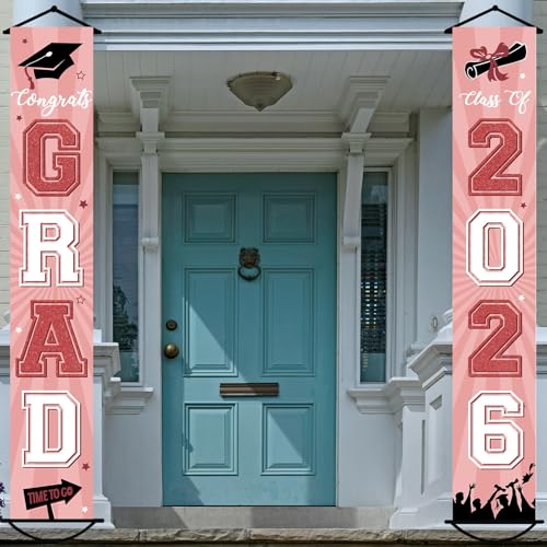 Image of Graduation Banner 2026 Pink Graduation Decorations Grad Banner Porch Sign Class of 2026 Door Decor Congrats Hanging Backdrop Pink Gold White Grad Party Decor for School Congratulations Supplies