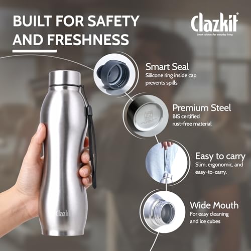 Image of Clazkit Platina Pro Classic Stainless Steel Water Bottle 1000ml |ISI Certified|Leakproof, Rust-Free, BPA-Free, Durable for College, Fridge, Sports, Gym, Yoga & Office - Easy to Clean & Reusable