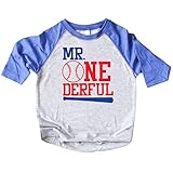 Olive Loves Apple Mr.One-Derful Baseball Bat 1st Birthday Shirt for Boys Sports Themed First Birthday Outfit 3/4 Sleeve Blue/Gray Raglan 18 Months