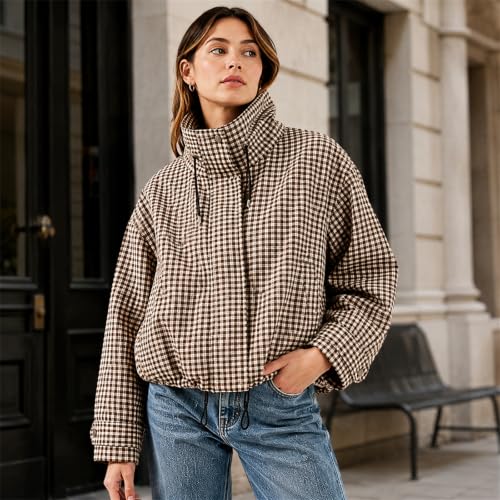 Womens Zip Up Jacket Bomber Jacket Pullover Gingham Stand Collared - image 5